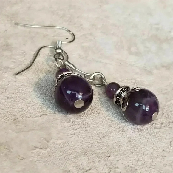 Hand Crafted Amethyst Victorian Lace Art Nouveau Gemstone Bead Drop Earrings - Picture 6 of 6